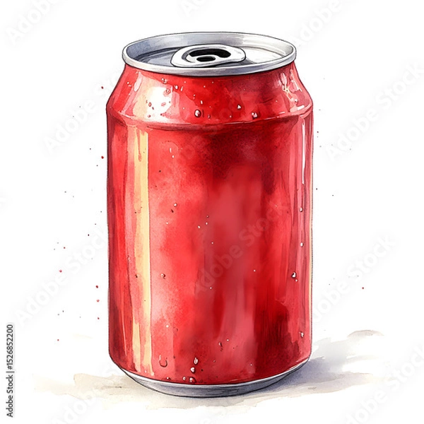 Fototapeta Sketch watercolor panting of red aluminum can with soda isolated on white backdrop. Hand drawn art