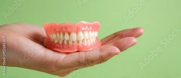 Fototapeta The hand holding a set of realistic dentures against a green background.