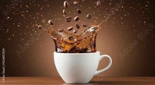 Fototapeta A dynamic splash of coffee with flying beans captured in a white cup against a brown background