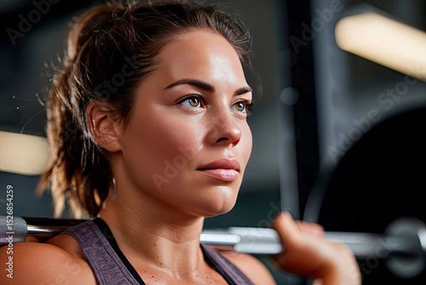 Fototapeta Plus-size woman lifting weights in a gym, sweat visible, realistic lighting, motivational vibe
