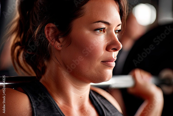 Fototapeta Plus-size woman lifting weights in a gym, sweat visible, realistic lighting, motivational vibe