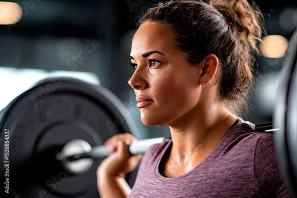 Fototapeta Plus-size woman lifting weights in a gym, sweat visible, realistic lighting, motivational vibe