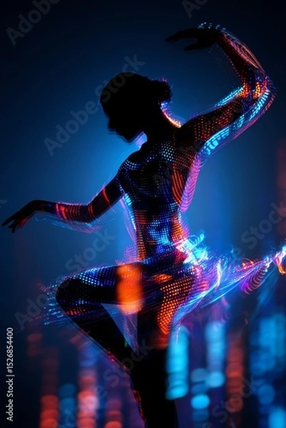 Fototapeta silhouette of a dancer filled with neon music equalizers and stage lights, movement and energy in double exposure artistic theme
