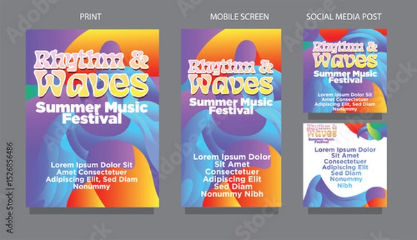 Fototapeta Bright Colorful Waves   Abstract Design for Music Events and Marketing. fluid design template multiple platform for print, mobile screen and social media post vector illustration