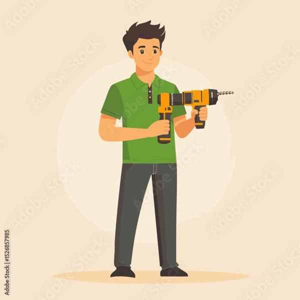 Fototapeta Cheerful handyman with a drill in stylish attire