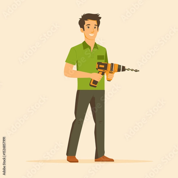 Fototapeta Cheerful handyman with a drill in stylish attire