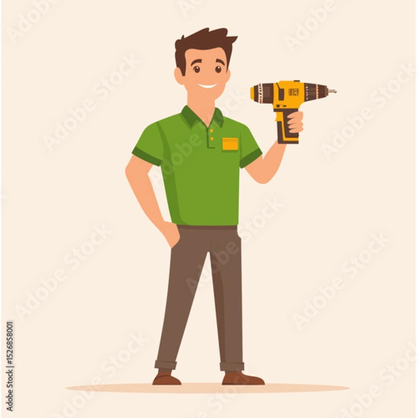 Fototapeta Cheerful handyman with a drill in stylish attire