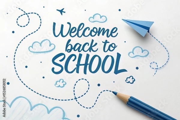 Obraz Welcoming Back to School With a Blue Pencil, Paper Airplane and Playful Cloud Doodles in a Minimalist Composition On White Background.