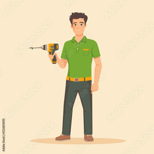 Fototapeta Cheerful handyman with a drill in stylish attire