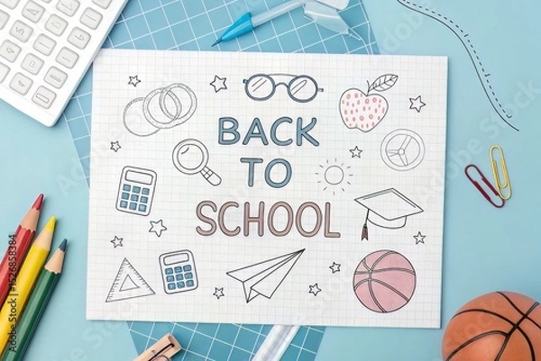 Obraz Back to School Flat Lay with Doodle Style Icons: Calculator, Apple, Airplane, Basketball, and School Supplies on Blue Tiled Surface.