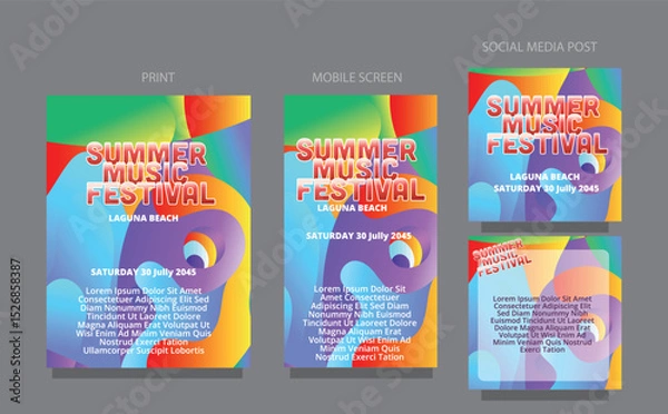 Obraz fluid design template multiple platform for print, mobile screen and social media post vector illustration. Wavy Gradient Art. Abstract Summer Music Template Design