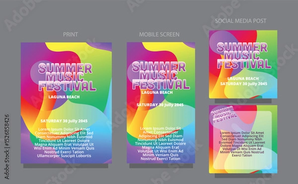 Fototapeta Colorful Summer Flow Abstract Vibrant Wave for Ads and Posters. fluid design template multiple platform for print, mobile screen and social media post vector illustration