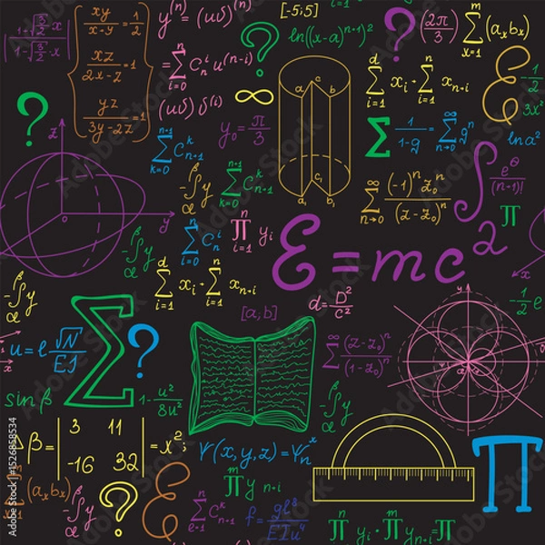 Fototapeta Multicolored math vector seamless pattern with handwritten physics and mathematical formulas, equations and figures