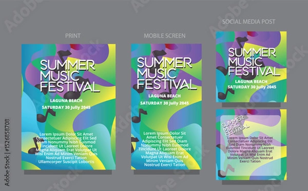 Obraz Smooth Summer Wave. Clean Colorful Background for Media. fluid design template multiple platform for print, mobile screen and social media post vector illustration