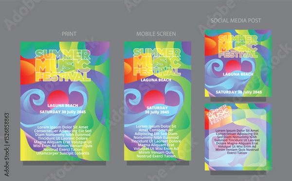 Obraz Bright Music Vibes. Abstract Fluid Wave for Summer Campaigns. fluid design template multiple platform for print, mobile screen and social media post vector illustration