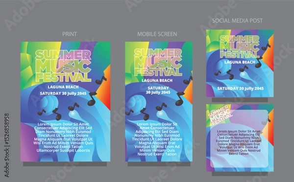 Fototapeta Summer Festival Vibes. Abstract Color Wave for Social and Print. fluid design template multiple platform for print, mobile screen and social media post vector illustration