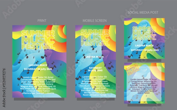 Obraz Creative Music Poster Background. Abstract Summer Waves. fluid design template multiple platform for print, mobile screen and social media post vector illustration
