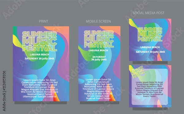 Obraz Fluid Party Wave. Bright Summer Background for summer music festival publications. fluid design template multiple platform for print, mobile screen and social media post vector illustration