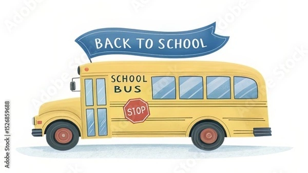 Obraz A whimsical, hand-drawn illustration of a classic yellow school bus with a "Back to School" banner, evoking childhood nostalgia and the excitement of learning.