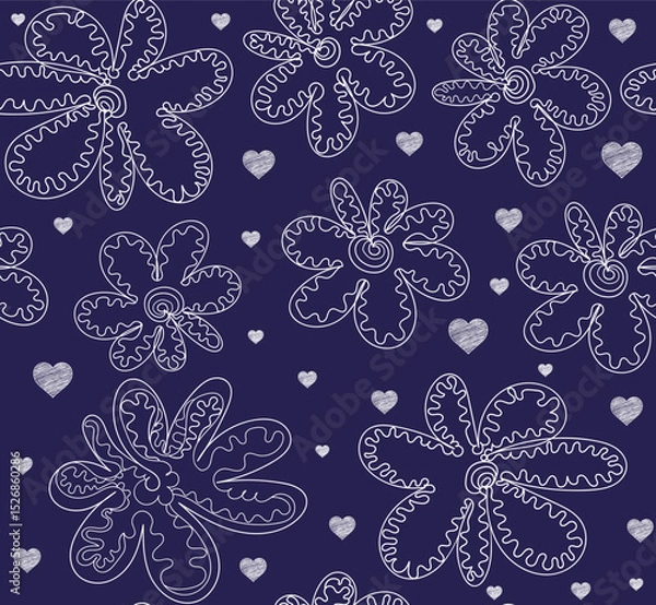 Fototapeta Beautiful decorative vector seamless pattern with handwritten flowers and Valentine hearts