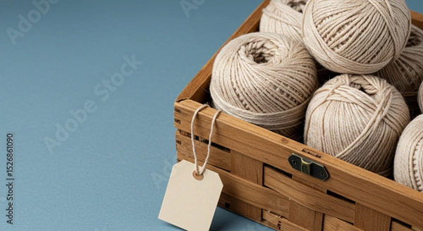Obraz A close up of a wooden box filled with balls of yarn and a blank tag against a blue background