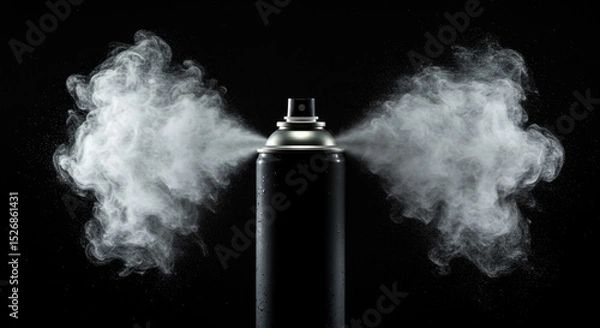 Obraz Close up of a black spray can with white vapor clouds on a dark background studio shot