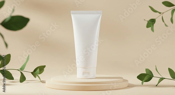 Obraz White cosmetic tube on a round pedestal with green leaves against a beige background in soft lighting