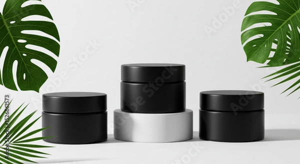 Obraz Three black cosmetic jars with monstera leaves against a white background studio shot display scene