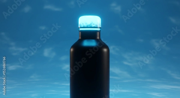 Obraz A black bottle with a glowing blue cap against a blue sky with subtle cloud formations
