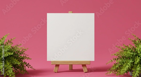 Obraz Blank canvas on wooden easel with ferns against a bright pink background in a studio setting