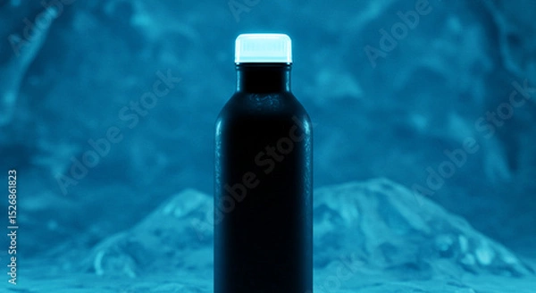 Obraz A sleek black bottle with a glowing white cap against a blurry blue background with ice formations