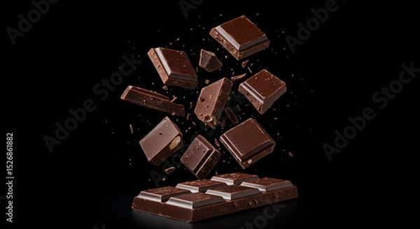 Fototapeta A dark chocolate bar with broken pieces floating on a black background in a studio setting