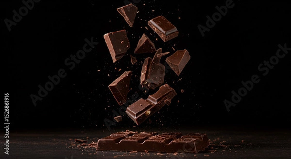 Obraz Chocolate bar with pieces falling and scattered on a dark surface against a black background