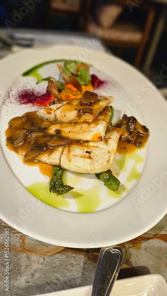 Fototapeta Grilled sea bream fillet with marsala served with chestnut and cream