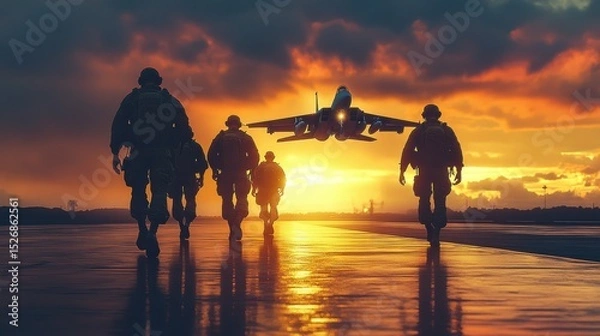 Obraz Silhouettes of soldiers walking on a wet runway at sunset, with a fighter jet taking off in the background. Military teamwork and aviation concept.