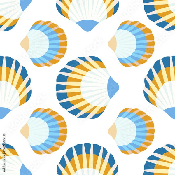 Fototapeta Seamless scallop shell pattern in blue, yellow, and white – coastal vector background with stylized marine motif for fabric, wallpaper, or wrapping