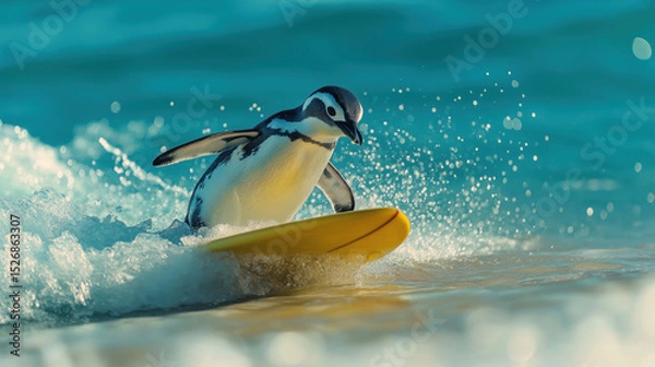 Fototapeta Funny penguin riding a yellow surfboard on ocean waves, captured mid-action with splashes and sunlight. Humorous and surreal summer concept. Unexpected beach fun.