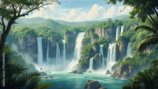 Obraz Majestic Waterfalls in Lush Tropical Jungle