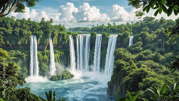 Obraz Majestic Waterfalls in Lush Tropical Jungle