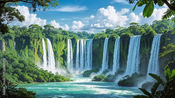 Obraz Majestic Waterfalls in Lush Tropical Jungle