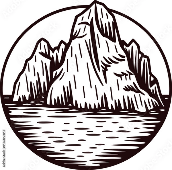 Fototapeta Hand drawn mountain landscape with waves in circular frame vintage engraved isolated illustration