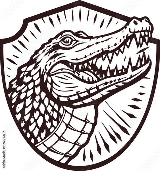Fototapeta Retro alligator head crest emblem fierce crocodile mascot illustration in vintage engraving shield design