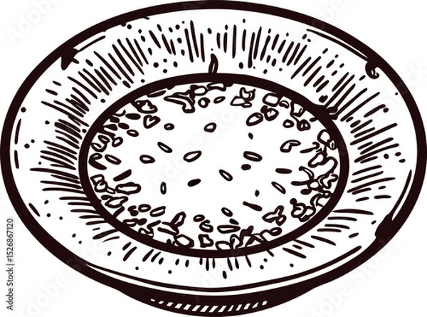 Fototapeta Vintage engraved illustration of a shallow ceramic soup plate with scattered grains or seeds, isolated on white background