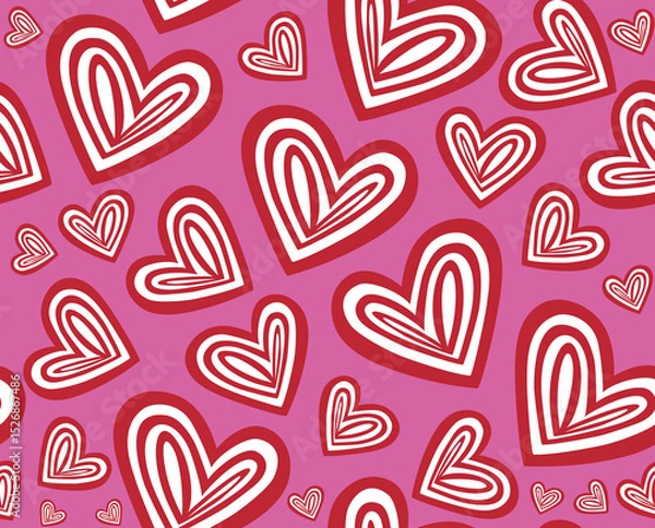Fototapeta Beautiful hand drawn decorative Valentine vector seamless pattern with red hearts