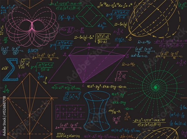 Fototapeta Scientific math vector seamless pattern with multicolored handwritten figures, formulas and calculations