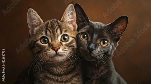 Fototapeta Mixed breed dog and cat friends portrait, Adorable kitten and dog together in studio on a brown background, digital art, ai generated