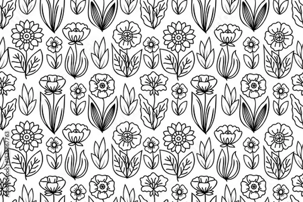 Fototapeta Line art hand drawn seamless floral pattern. Pattern with repeating flower drawings with black thin line on white background.