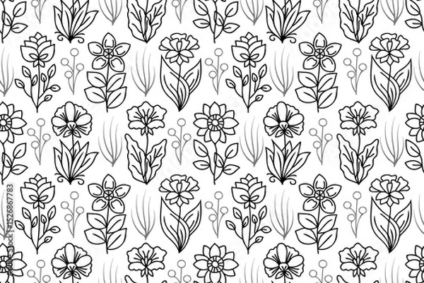 Fototapeta Line art hand drawn seamless floral pattern. Pattern with repeating flower drawings with black thin line on white background.