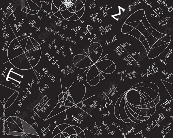 Fototapeta Educational vector seamless texture with handwritten scientific math and physics formulas, equations and geometry figures