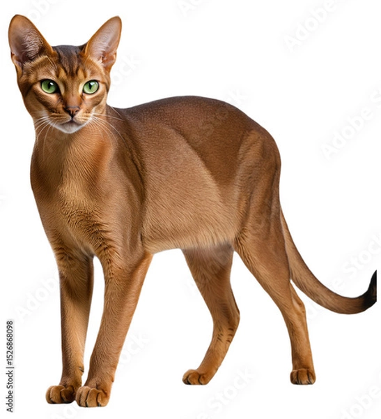 Obraz A brown Abyssinian cat with green eyes is standing on a transparent background